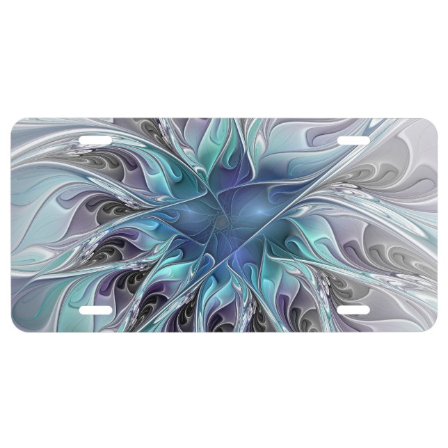 Flourish Abstract Modern Fractal Flower With Blue License Plate (Front)