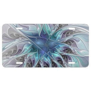 Flourish Abstract Modern Fractal Flower With Blue License Plate