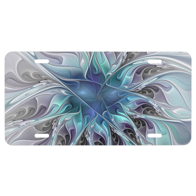 Flourish Abstract Modern Fractal Flower With Blue License Plate (Front)