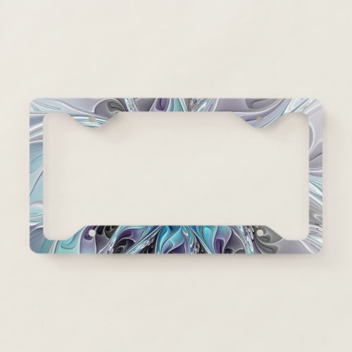 Flourish Abstract Modern Fractal Flower With Blue License Plate Frame
