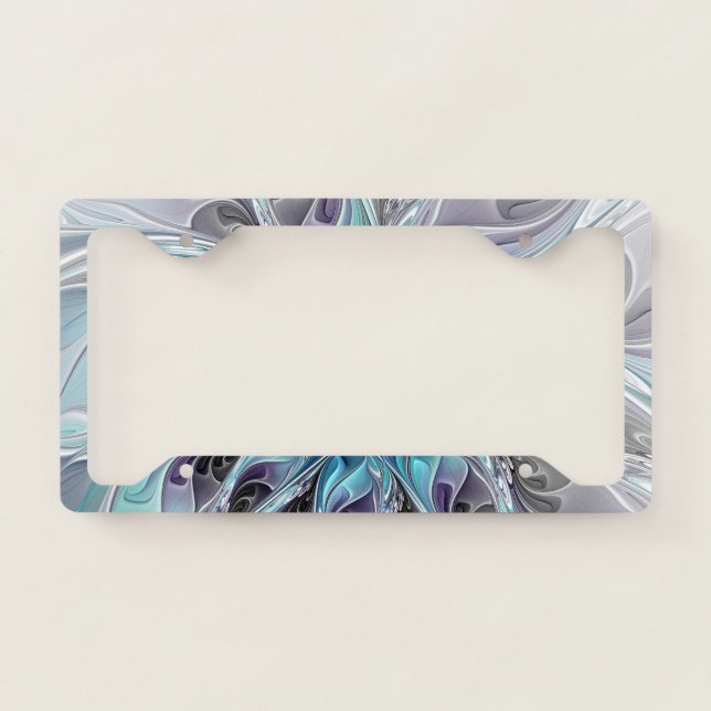 Flourish Abstract Modern Fractal Flower With Blue License Plate Frame (Front)