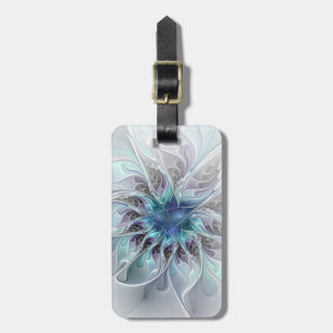 Flourish Abstract Modern Fractal Flower With Blue Luggage Tag