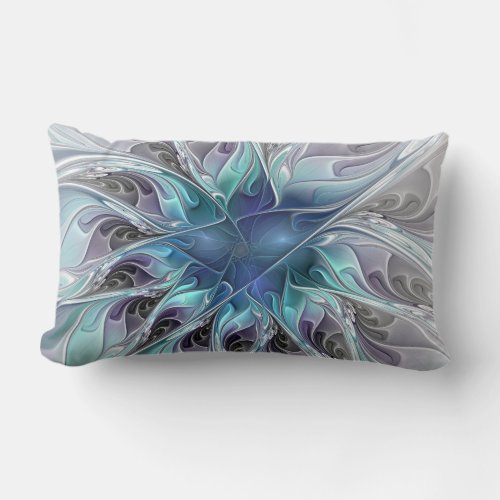 Flourish Abstract Modern Fractal Flower With Blue Lumbar Pillow