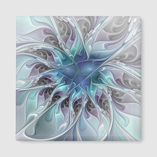 Flourish Abstract Modern Fractal Flower With Blue Magnet