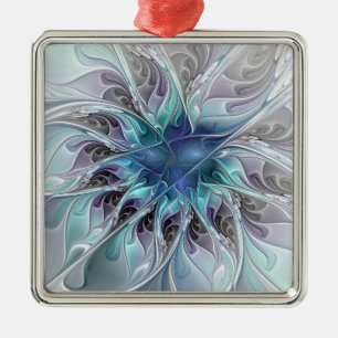 Flourish Abstract Modern Fractal Flower With Blue Metal Ornament