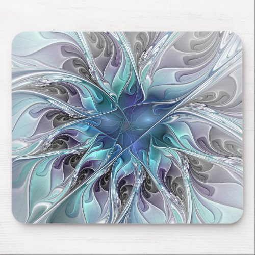 Flourish Abstract Modern Fractal Flower With Blue Mouse Pad