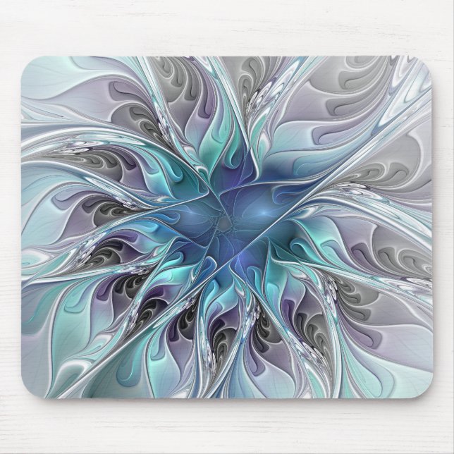 Flourish Abstract Modern Fractal Flower With Blue Mouse Pad (Front)