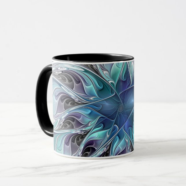 Flourish Abstract Modern Fractal Flower With Blue Mug (Front Left)