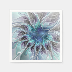 Flourish Abstract Modern Fractal Flower With Blue Napkins