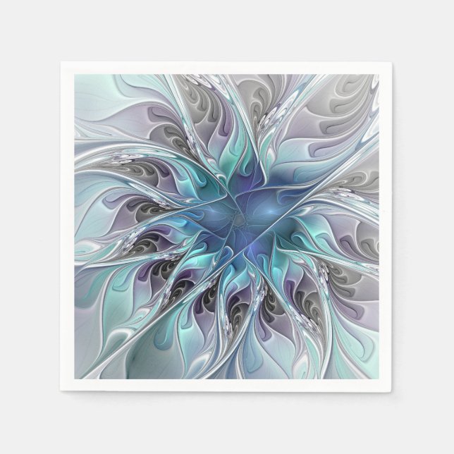 Flourish Abstract Modern Fractal Flower With Blue Napkins (Front)