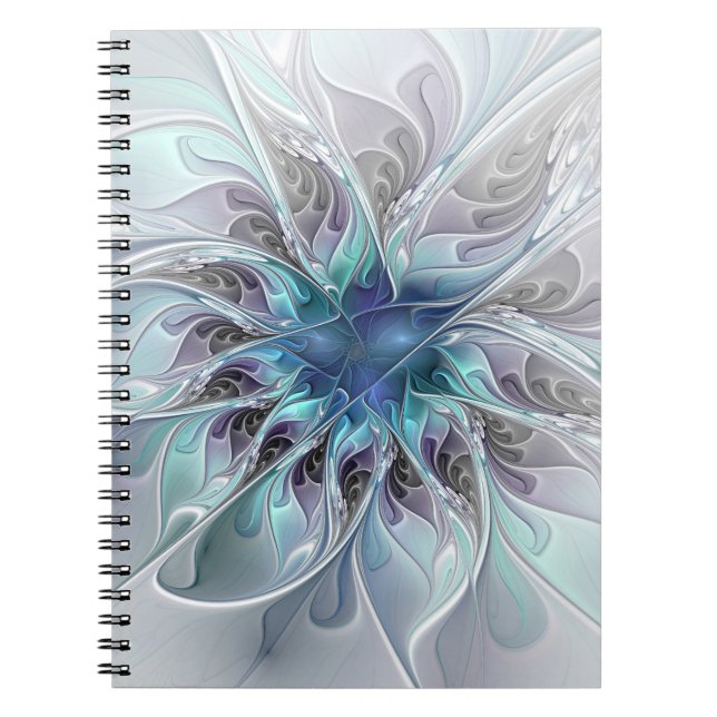 Flourish Abstract Modern Fractal Flower With Blue Notebook (Front)
