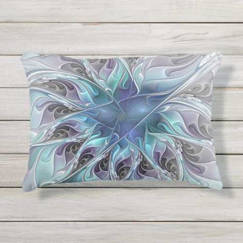 Flourish Abstract Modern Fractal Flower With Blue Outdoor Pillow