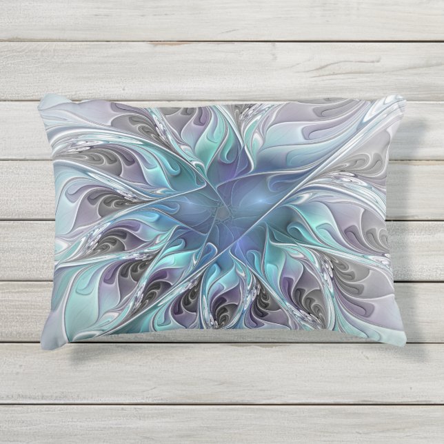 Flourish Abstract Modern Fractal Flower With Blue Outdoor Pillow (Front)