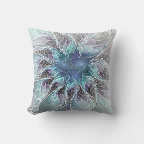 Flourish Abstract Modern Fractal Flower With Blue Outdoor Pillow