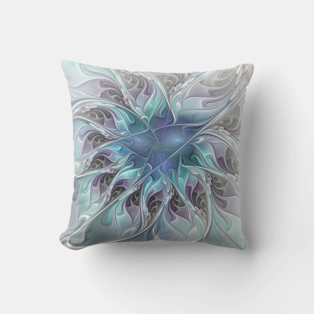 Flourish Abstract Modern Fractal Flower With Blue Outdoor Pillow (Front)