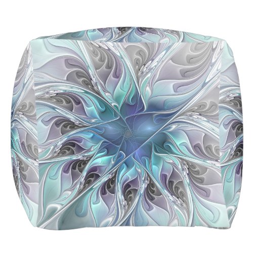 Flourish Abstract Modern Fractal Flower With Blue Outdoor Pouf