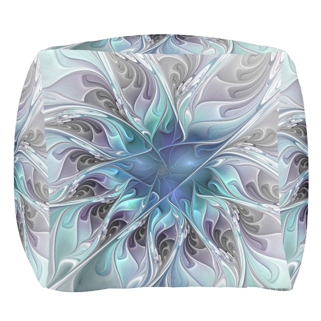 Flourish Abstract Modern Fractal Flower With Blue Outdoor Pouf (Front)