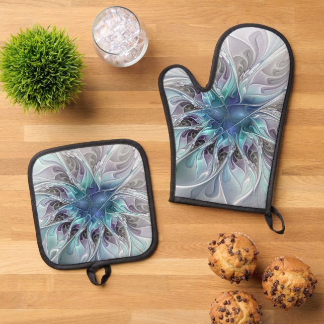 Flourish Abstract Modern Fractal Flower With Blue Oven Mitt & Pot Holder Set (Top Down)
