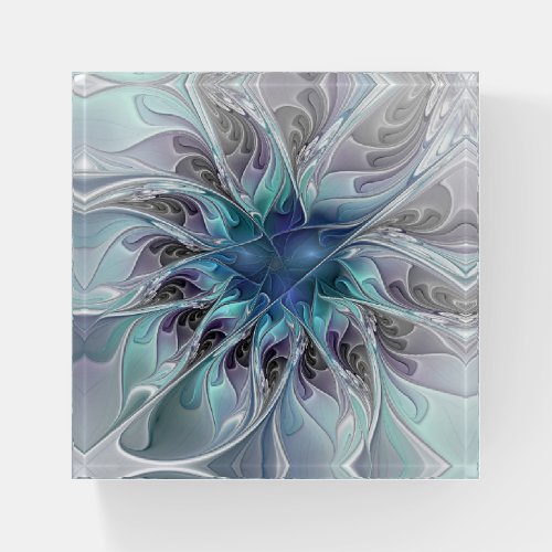 Flourish Abstract Modern Fractal Flower With Blue Paperweight