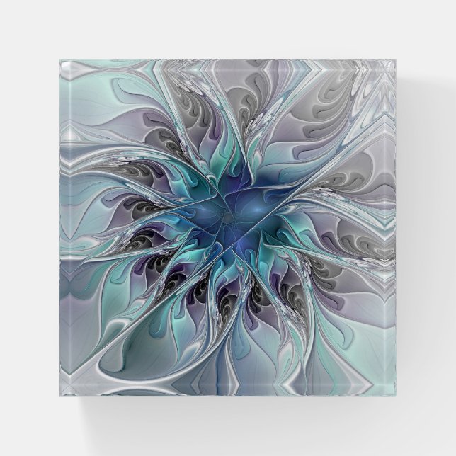 Flourish Abstract Modern Fractal Flower With Blue Paperweight (Front)