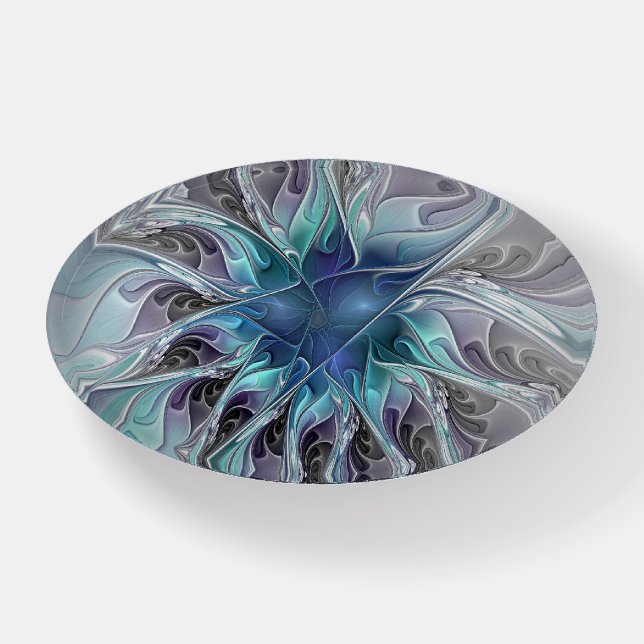 Flourish Abstract Modern Fractal Flower With Blue Paperweight (Front)