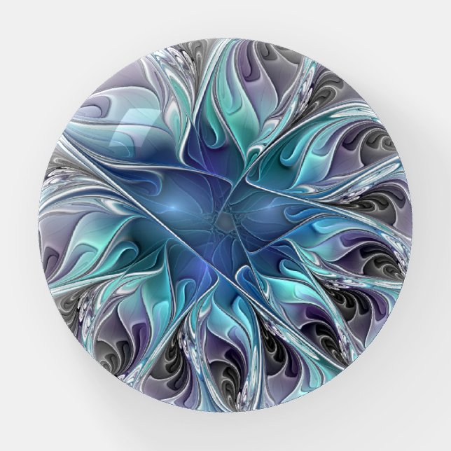 Flourish Abstract Modern Fractal Flower With Blue Paperweight (Front)