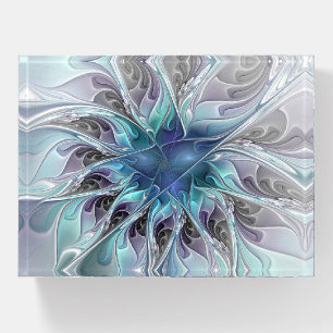 Flourish Abstract Modern Fractal Flower With Blue Paperweight