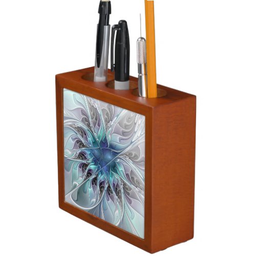 Flourish Abstract Modern Fractal Flower With Blue PencilPen Holder