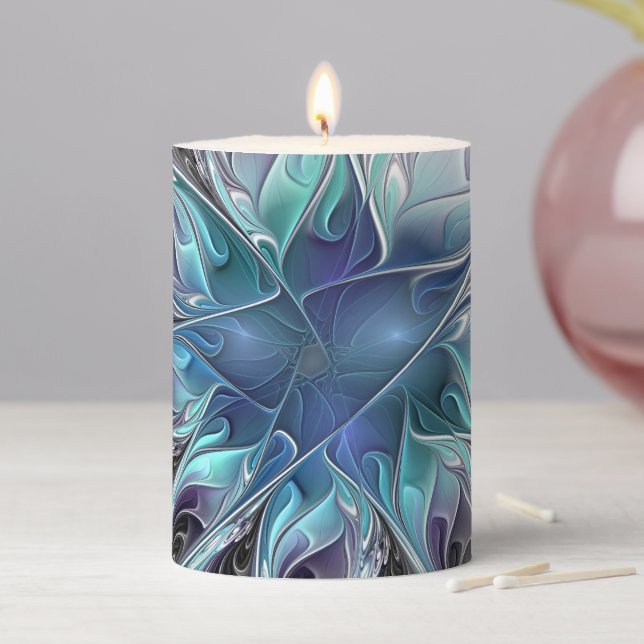Flourish Abstract Modern Fractal Flower With Blue Pillar Candle (In Situ)