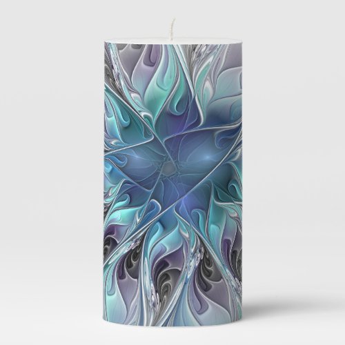 Flourish Abstract Modern Fractal Flower With Blue Pillar Candle