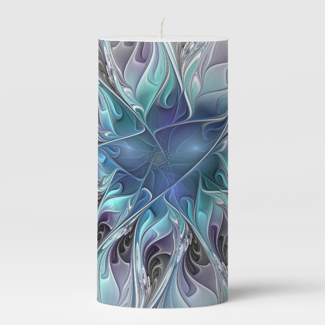 Flourish Abstract Modern Fractal Flower With Blue Pillar Candle (Front)