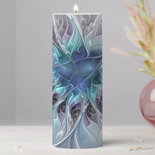 Flourish Abstract Modern Fractal Flower With Blue Pillar Candle (In Situ)