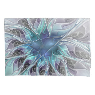 Flourish Abstract Modern Fractal Flower With Blue Pillow Case