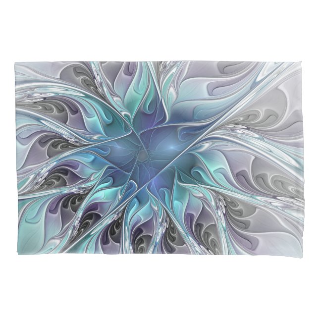 Flourish Abstract Modern Fractal Flower With Blue Pillow Case (Front)