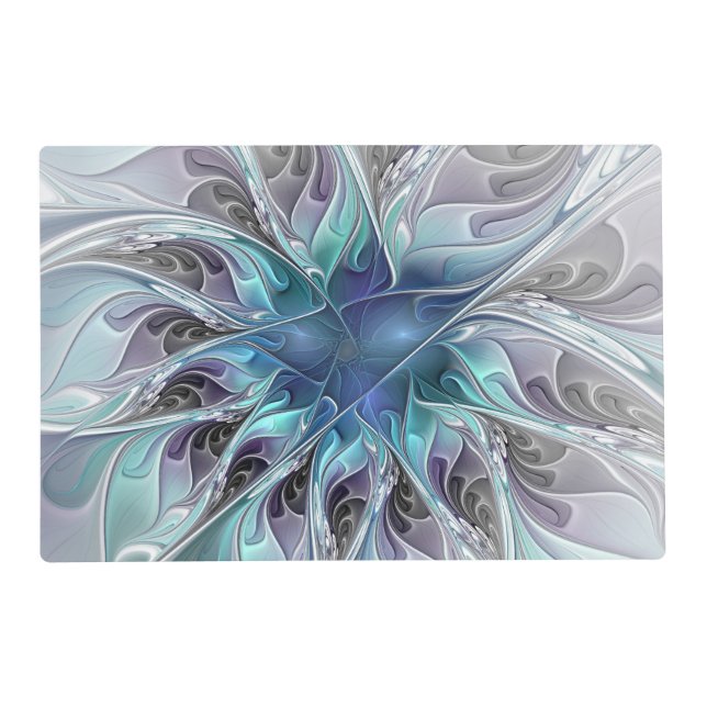 Flourish Abstract Modern Fractal Flower With Blue Placemat (Front)