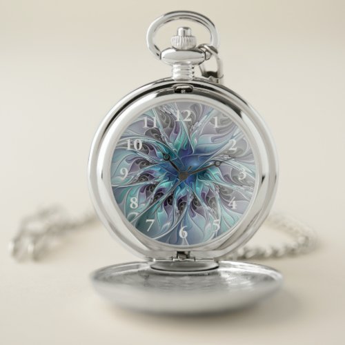 Flourish Abstract Modern Fractal Flower With Blue Pocket Watch