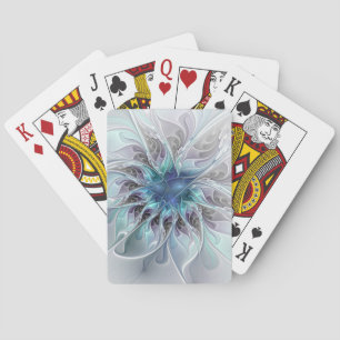 Flourish Abstract Modern Fractal Flower With Blue Poker Cards