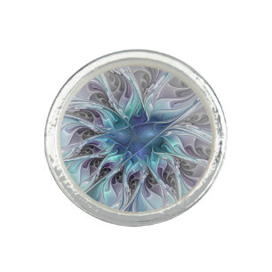 Flourish Abstract Modern Fractal Flower With Blue Ring