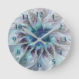 Flourish Abstract Modern Fractal Flower With Blue Round Clock