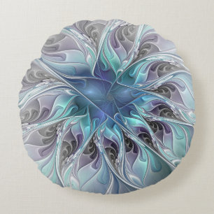 Flourish Abstract Modern Fractal Flower With Blue Round Pillow