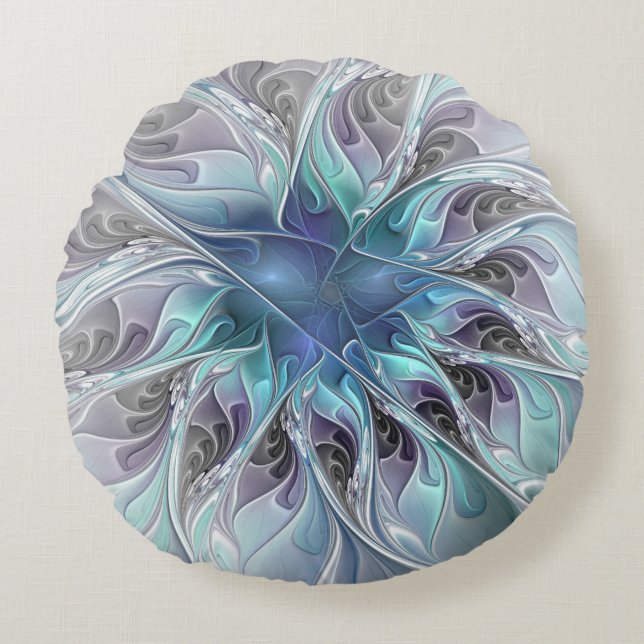 Flourish Abstract Modern Fractal Flower With Blue Round Pillow (Front)