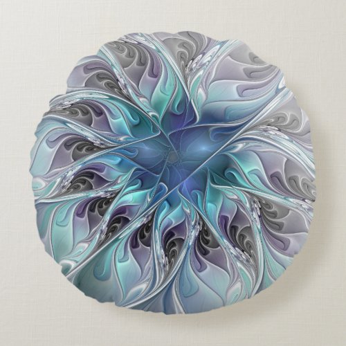Flourish Abstract Modern Fractal Flower With Blue Round Pillow