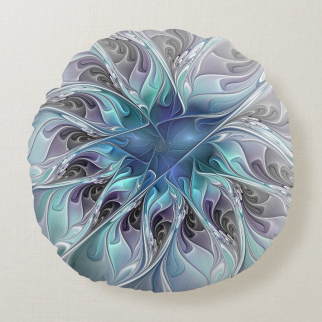 Flourish Abstract Modern Fractal Flower With Blue Round Pillow (Front)