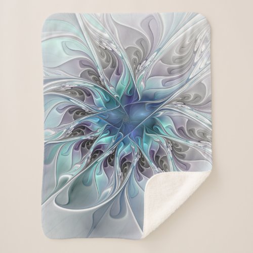 Flourish Abstract Modern Fractal Flower With Blue Sherpa Blanket