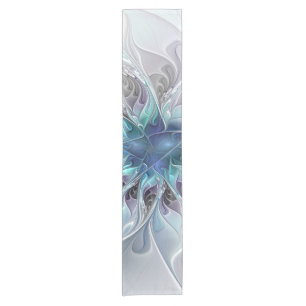 Flourish Abstract Modern Fractal Flower With Blue Short Table Runner