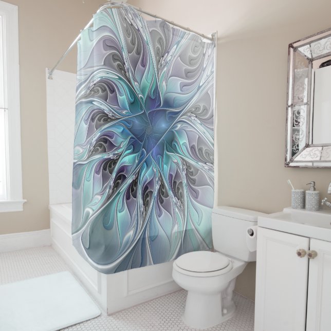 Flourish Abstract Modern Fractal Flower With Blue Shower Curtain (In Situ)