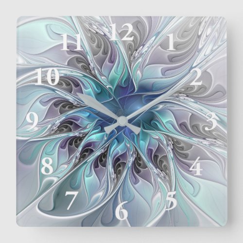 Flourish Abstract Modern Fractal Flower With Blue Square Wall Clock