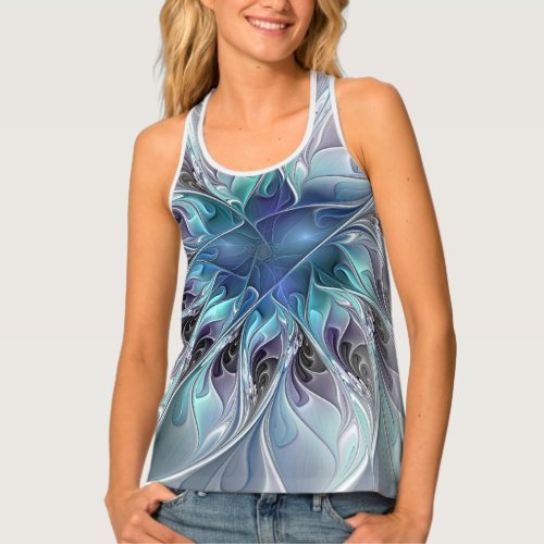 Flourish Abstract Modern Fractal Flower With Blue Tank Top