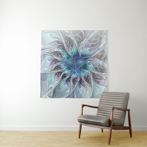 Flourish Abstract Modern Fractal Flower With Blue Tapestry