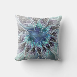 Flourish Abstract Modern Fractal Flower With Blue Throw Pillow